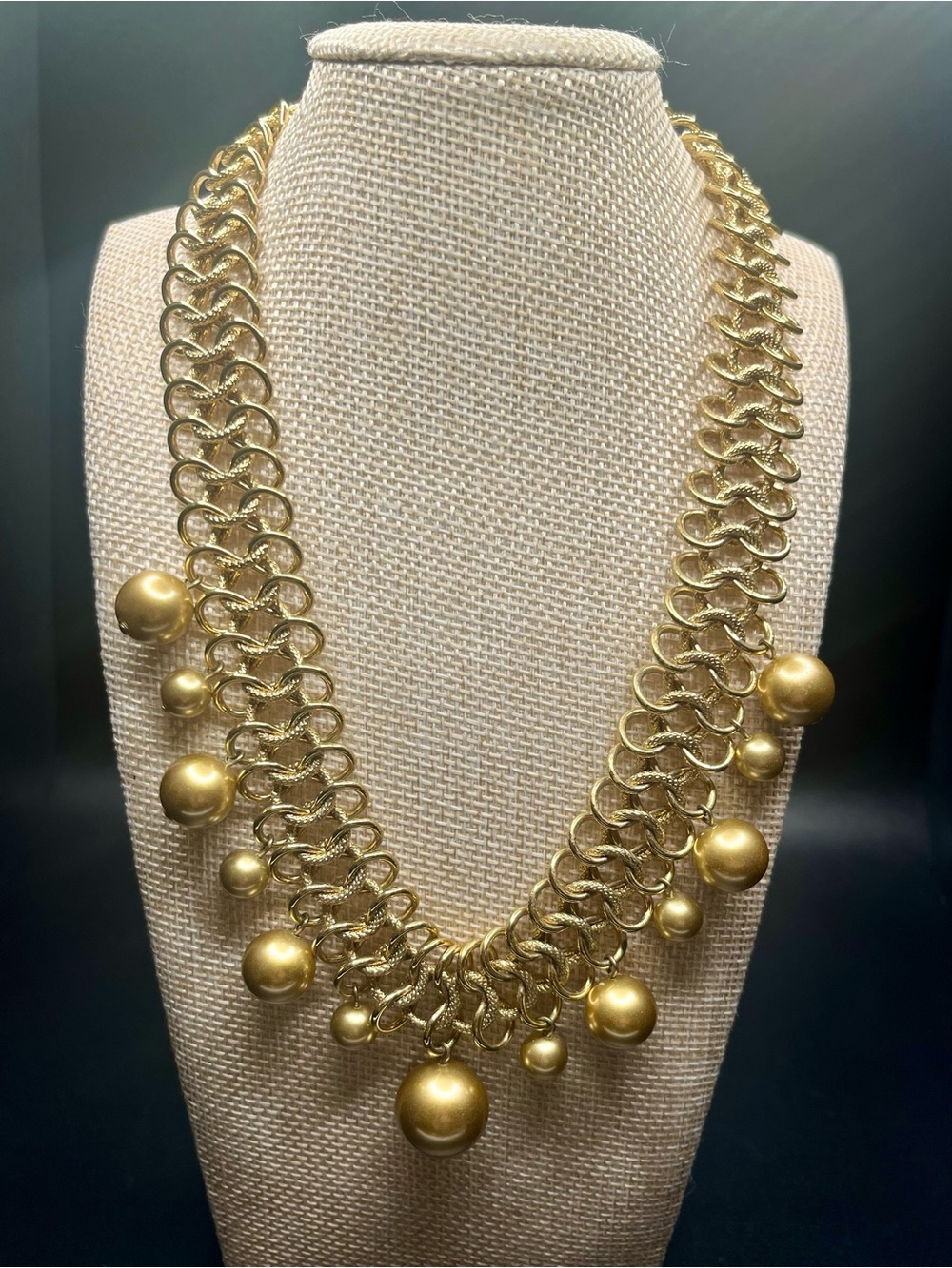 Vintage Kenneth Jay Lane style faux pearl fringe necklace gold tone bib collar